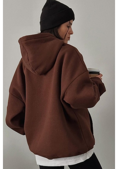 Acı Kahverengi Kapüşonlu Şardonlu Oversize Cepli Sweatshirt Mg2206