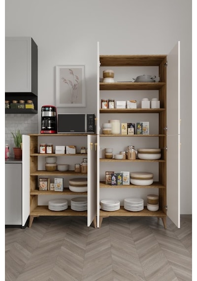 Simple Sp6190 Çok Amaçlı Dolap 6 Kapaklı Mutfak Dolabı Balkon Dolabı Kiler Banyo Dolabı Ayakkabılık Ekru Ceviz