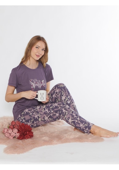 Kısa Kol Viskon Pijama Takımı Yazlık Viskon Dowry 08-129 Mor