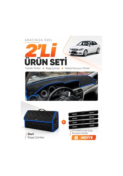 E-biz Mercedes W204 C180 2007-2014 Uyumlu Torpido Örtüsü + Deri Bagaj Çantası - Siyah-mavi - Mb006