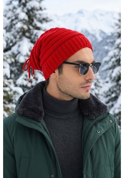 Ritagarcia Unisex Arkası İpli Büzgülü Triko Bere Kışlık Dökümlü Slouchy Beanie Bere Kırmızı