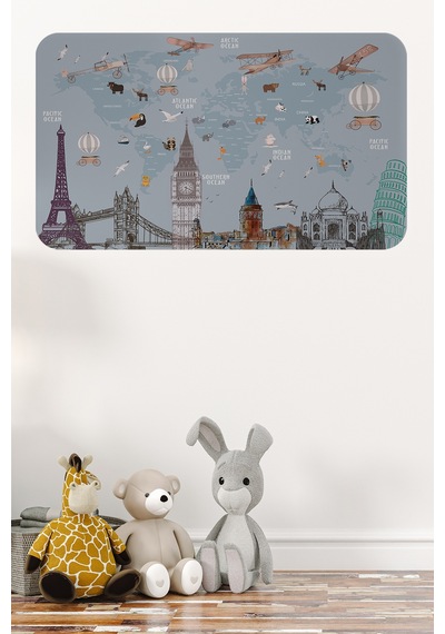 Eğitici Dünya Haritası Dünya Atlası Çocuk Ve Bebek Odası Duvar Sticker-85x130-3820 Çok Renkli