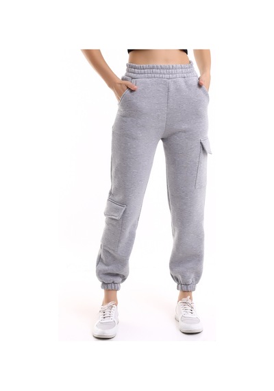 Winmoda34 Kadın Jogger Kalın 3 İplik Yandan Cepli Kargo Eşofman Altı Kar-gri