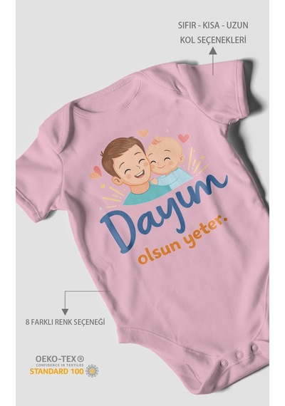 Morivokids Dayım Olsun Yeter Kısa Kollu Bebek Body %100 Pamuk Koyu Pembe