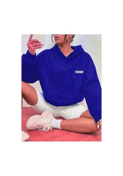 Blackjack Giyim Kadın Siyah Whrstbhvr Baskılı Kapüşonlu Sweatshirt Mavi