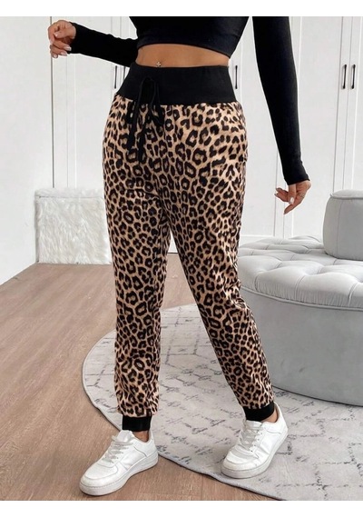 Zennamoda Kadın Yüksek Bel Bağcıklı Desenli Iki Iplik Pantolon Leopar