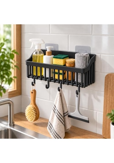 Orret Home 2'li Yapışkanlı Banyo Duş Rafı Organizer, Askılı Plastik Raf Sepet, Delme Gerektirmeyen Duvara Monte, Hava Alan Su Tahliyeli Taban, 26x9x10 Cm, Siyah Açık Ceviz