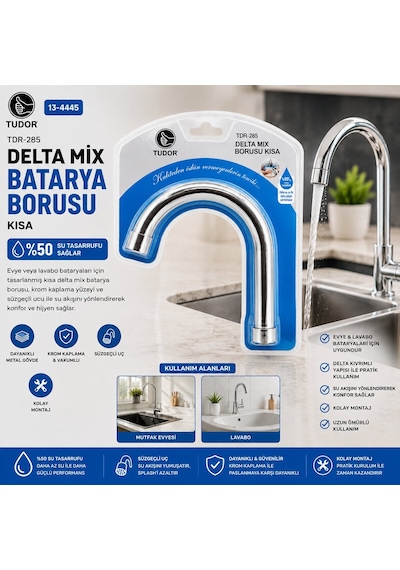 Tudor Tdr-285 Kuğu Kısa Delta Mix Batarya Borusu - Evye Ve Lavabo, Krom Kaplama, Süzgeçli Uç, Vakumlu