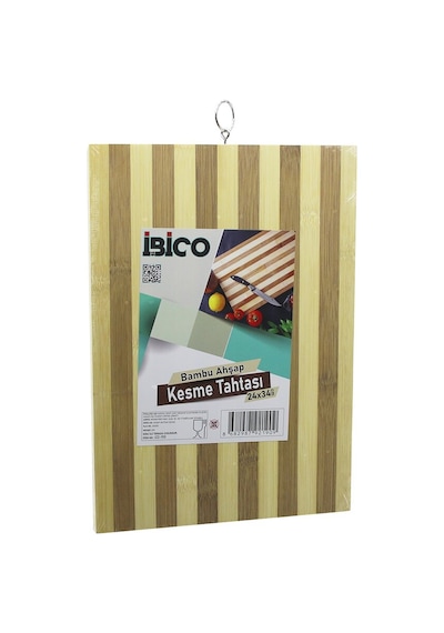 24 X 34 X 1.4cm Beyaz Çizgili Ahşap Bambu Kesim Panosu - Kesme Tahtası Metal Kulplu 5332 12v