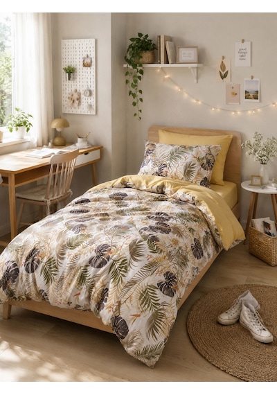 Mystory Home Lastikli Çarşaflı Tek Kişilik Nevresi Takımı Monstera