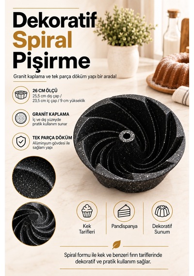 Kochler Rüzgar Gülü 26 Cm Granit Kaplamalı Alüminyum Döküm Kek Kalıbı Siyah