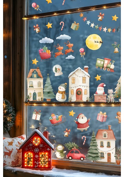Yılbaşı Cam Sticker Seti 35+ Parça Büyük Boy Noel Pencere Süsleri Çıkart & Yapıştır Çocuk Odası Salon Vitrin Dijital Baskı