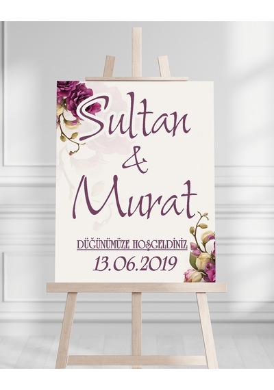 Söz Nişan Düğün İçin 50x70 Karşılama Panosu - Mor Çiçek Tasarımlı 008 Beyaz