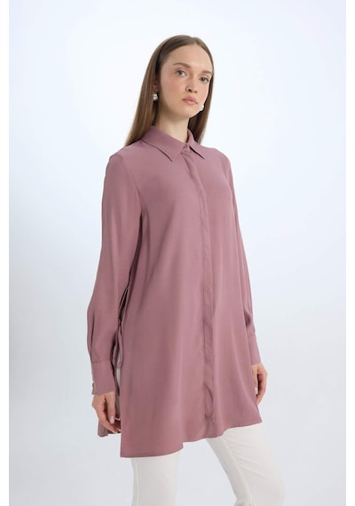 DeFacto Relax Fit Gömlek Yaka Yandan Bağlamalı Uzun Kollu Basic Düz Gömlek Tunik D7200AX24WNBR94 Bordo