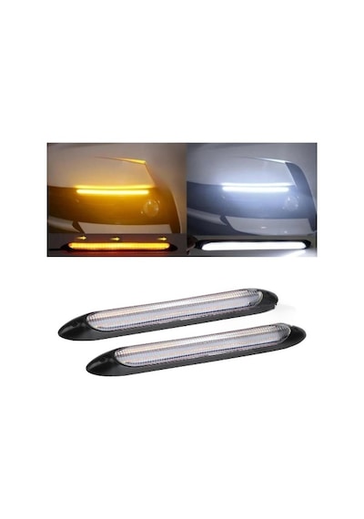 Selamlamalı Güçlü Işık Açılış Animasyonlu 12V Su Geçirmez Kayar Sinyalli Araba Gündüz Farı Drl Led Lamba Beyaz - Sarı 2 Adet 34.5 CM