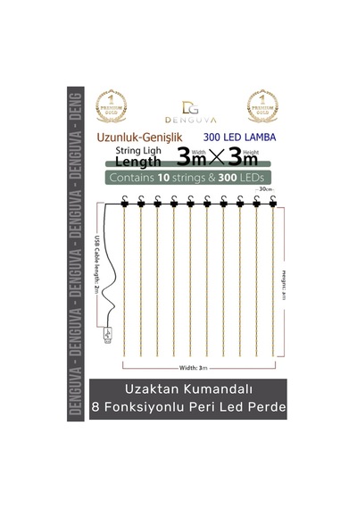 Led 8 Fonksiyonlu Günışığı Kumandalı Dekoratif Aydınlatma Şık Perde Peri Led 3 Mt X 3 Mt - 1 Adet Çok Renkli