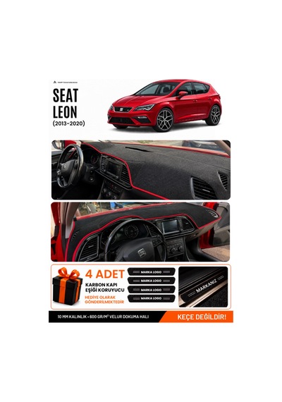 Seat Leon 2013-2020 Uyumlu Torpido Koruma, Torpido Örtüsü, Torpido Kılıfı - Siyah Kırmızı