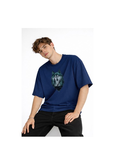 Misa Tahtakale Wolf - Oversize Erkek Tişört Koyu Mavi Çok Renkli
