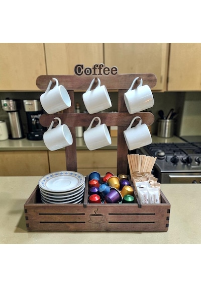 Ahşap Kahve Köşesi - Fincan Askılık, Kahve Kapsülü Ve Şeker Organizeri, Kahve Sepeti. 30cm Ahşap Stand