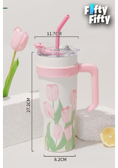 DILLER Quencher Cup 1200 ML Pipetli/Rahat İçim Kulplu Paslanmaz Çelik Termos -FFDILLERD9120