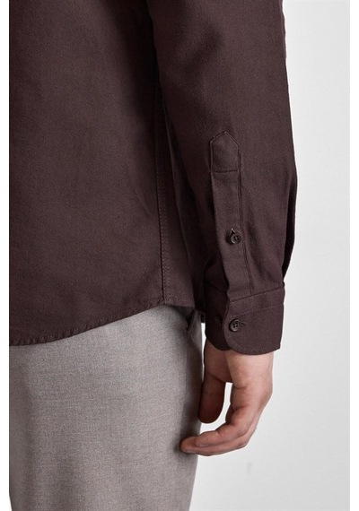 Süvari Koyu Kahve Slim Düğmeli Yaka Düz Casual Gömlek Gm2008000264-kh9