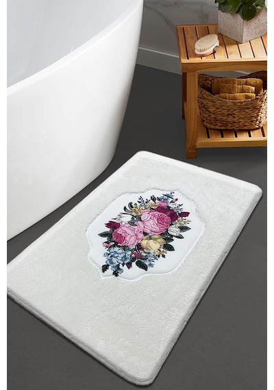 Bella Rose Tekli Nakışlı Peluş Banyo Paspası 60x100 Cm Beyaz