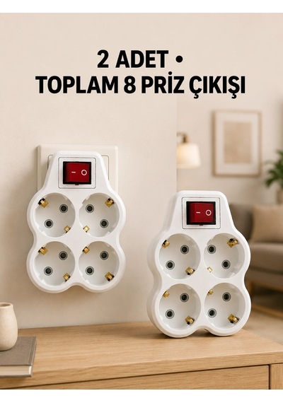 Mey İthalat 4 Lü Priz Çoğaltıcı 2 Adet Set Kablosuz Duvar Tipi Anahtarlı Priz Çoklayıcı Standart