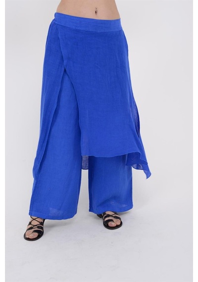 Bohem Stil İtalyan Ham Keten Pantolon Etek-8747 Saks Mavisi
