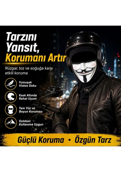 Womanandkids Wak Unisex Anonymous Baskılı Balaklava 1 Adet Tek Beden Viskoz Kask İçi Motosiklet Maskesi Siyah