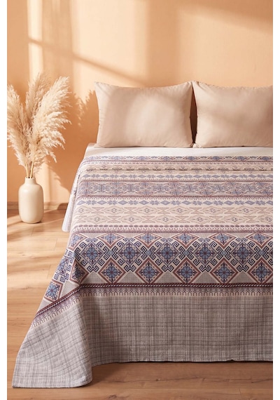 İndigo Etnik Desenli Çift Kişilik Baskılı Pike & Yatak Örtüsü 200x230 Cm