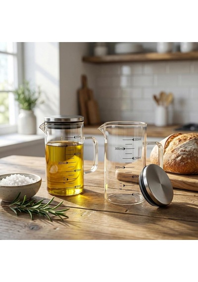 Deconox 2'li Set Paslanmaz Çelik Kapaklı Borosilikat Cam Yağdanlık Ve Ölçü Kabı - 350ml - Isıya Dayanıklı Dam Diğer