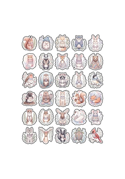 30 Adet Pastel Suluboya Kış Hayvanları Sticker Seti - Laptop Defter Ajanda İçin Çok Renkli
