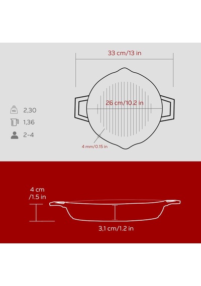 Lava Döküm Yuvarlak Izgara Tavası Döküm Demir Yekpare Çift Kulplu Çap Ø 26cm.-bordo Bordo