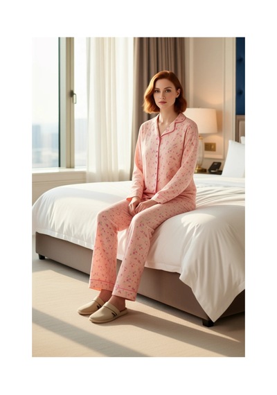 Ersefa Kadın Çiçekli Gömlek Yaka Uzun Kollu Pijama Takımı Fonksiyonel Da Pembe