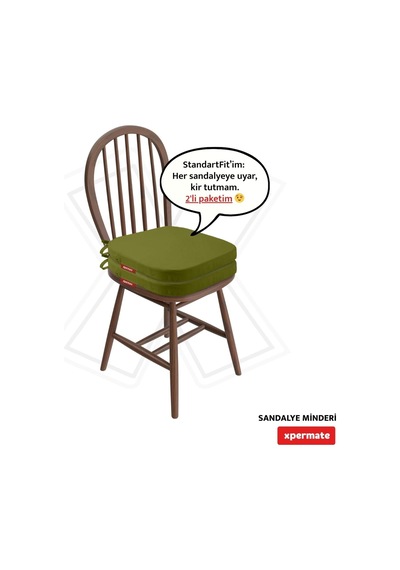 2'li Sandalye Minderi Seti Oval 42x42x5 Cm Standart Fit, Fermuarlı Yıkanabilir Kılıf, Bağcıklı Kaymaz, Leke Tutmaz Oturma Minderi Yeşil Çok Renkli