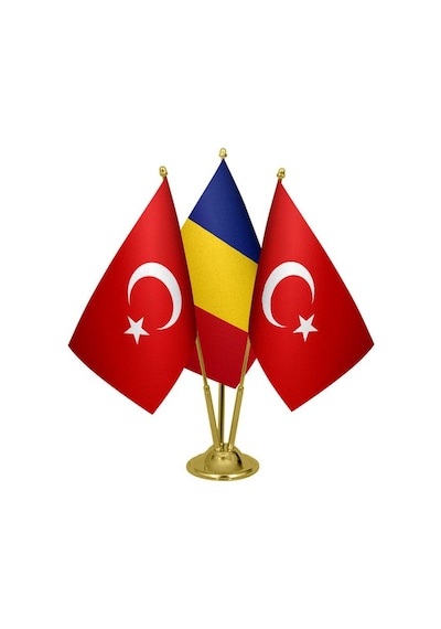 Masa Üstü Romanya Bayrağı Türk Bayrağı Üçlü Pirinç Direk Masa Bay