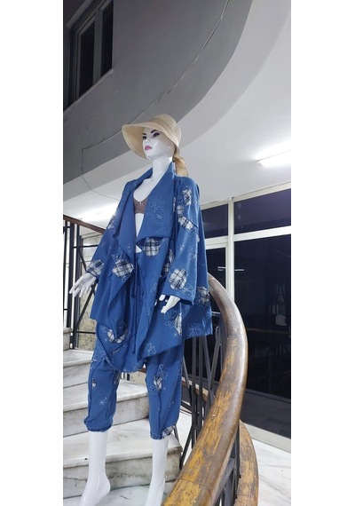 Boho Şalvar Pantolon Asimetrik Ceket Takım Mavi