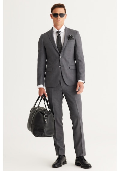 AC&Co / Altınyıldız Classics Erkek Gri Slim Fit Dar Kesim Mono Yaka Cordura Kumaş Yünlü Takım Elbise Gri