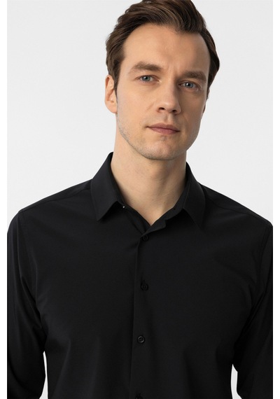 Süvari Siyah Slim Fit Düz Klasik Yaka Gömlek-34101 Siyah
