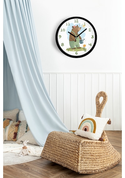Sevimli Ayı Çocuk Odası Duvar Saati - 25cm - Önü Camlı Siyah Kasa - Sessiz Mekanizma-jh1123 Siyah