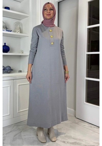 Rabia Şamlı Güneş Triko Elbise Gri Normal