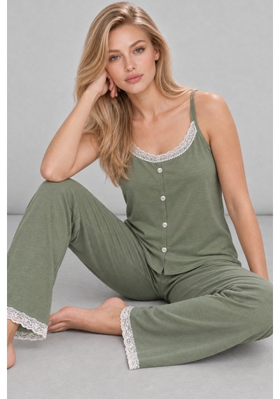 Kadın Dantelli V Yaka Yeşil Pijama Takımı 4746