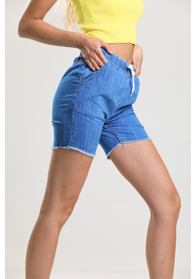 Pass&Pass 2080 Kadın Püsküllü Paça Jeans Denim Kot Şort Mavi