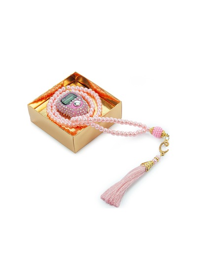 Hediyelik Taşlı Zikirmatik Ve 99 Lu İnci Tesbih Kutulu Set - Pembe