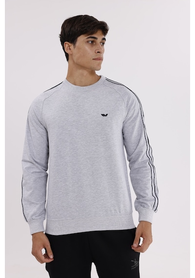 Rowinger Çift Şeritli Raglan Kol Minimal Logolu Bisiklet Yaka Sweatshirt Grey