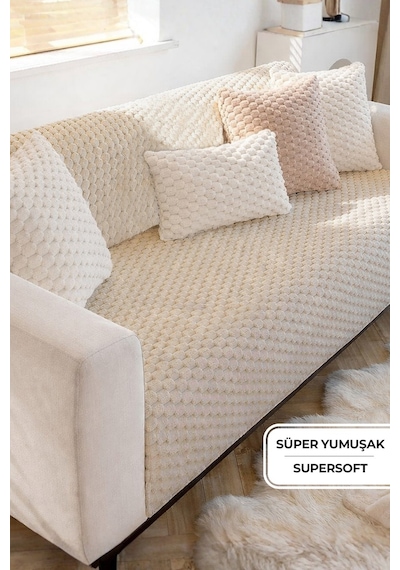 Soft Kürklü Koltuk Örtüsü 170x215 Cm Yumuşak Peluş Kaymaz Taban Kanepe Örtüsü Bej