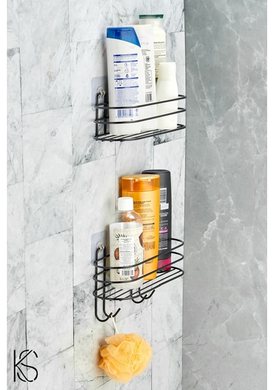 Buççin Online Mağaza Yapışkanlı Siyah 2li Banyo Düzenleyici Şampuanlık Sabunluk Oval Bayo Duş Rafı Organizer Metal Siyah Çok Renkli