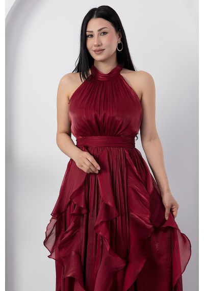 Kalopya Halter Yaka Eteği Fırfırlı Saten Elbise Eli6073 Bordo