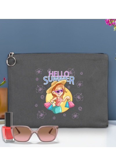 Bk Gift Yaz Temalı-2 Astarlı Antrasit Portföy Çanta 30x21cm, Baskılı El Çantası, Organizer Çanta Çok Renkli