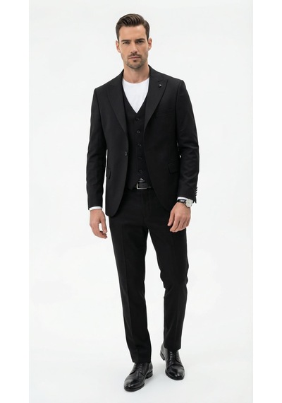 Erkek Slim Fit Takım Elbise Düz Dokulu Kırışmaya Dayanıklı Likralı Polyviskon Kumaş, Sivri Yaka, Tek Düğmeli, Çift Yır Siyah Erkek Slim Fit Takım Elbise Düz Dokulu Kırışmaya Dayanıklı Likralı Polyviskon Kumaş, Sivri Yaka, Tek Düğmeli, Çift Yır Siyah